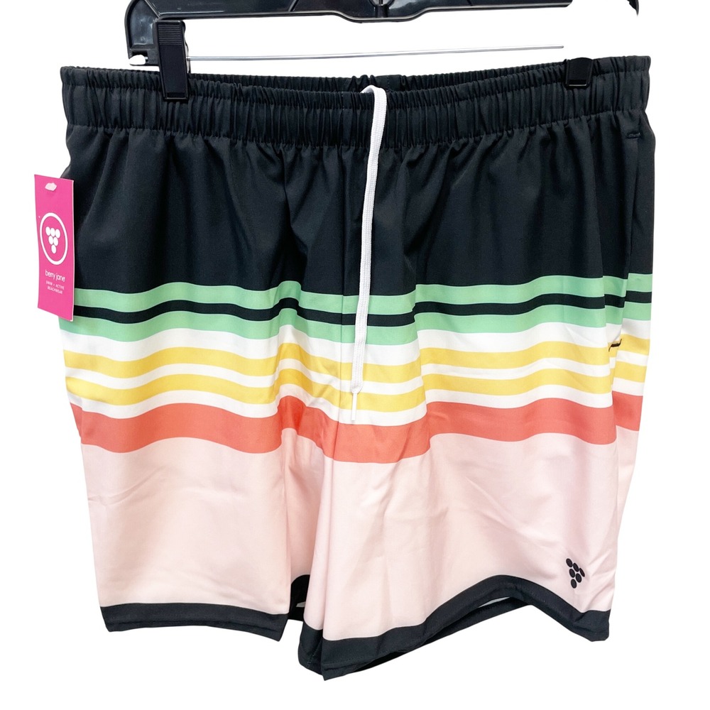 Berry Jane Women's Black Striped Mesh Lined Board Swim Shorts Size XL